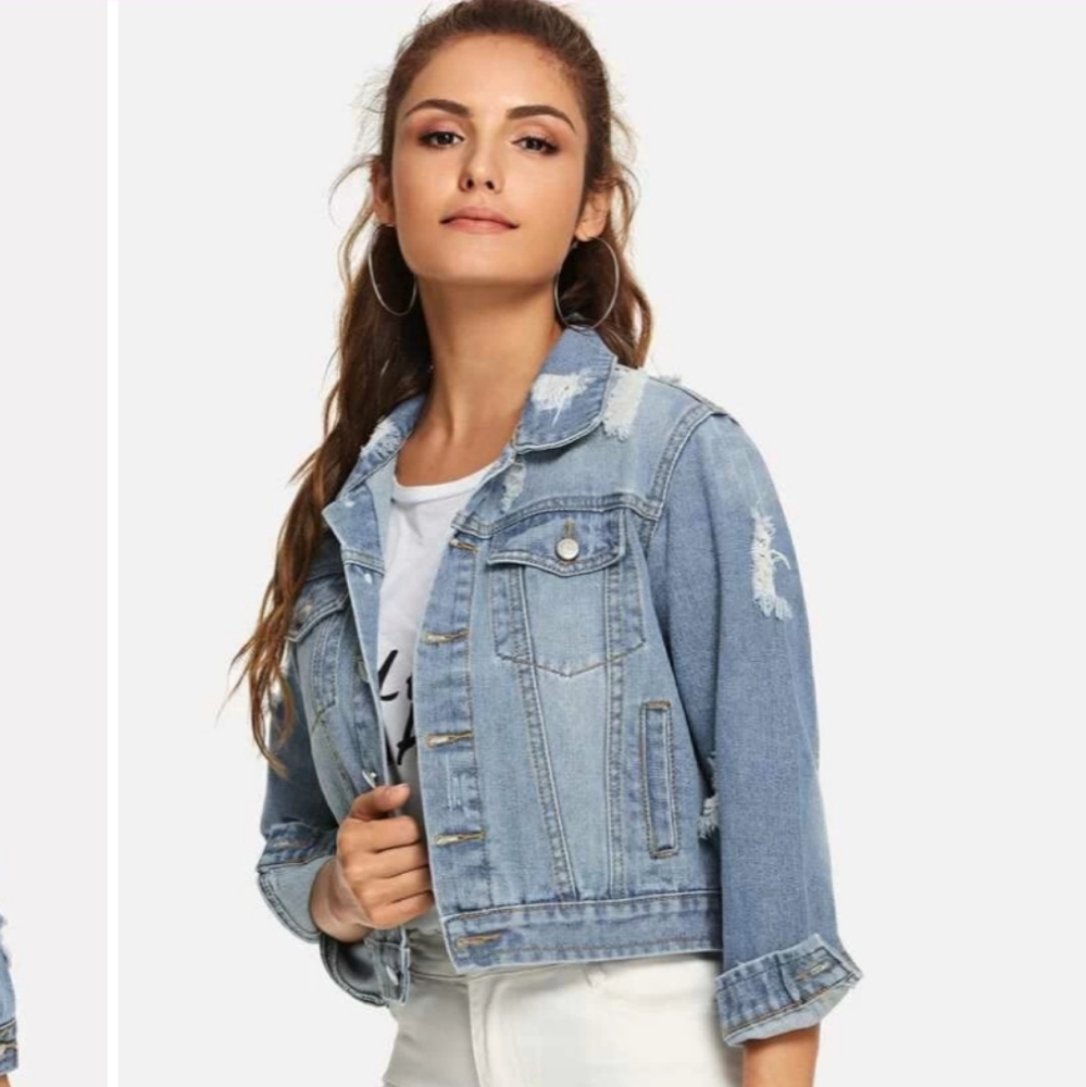 NWOT Distressed Light Wash Blue Denim Jean Jacket